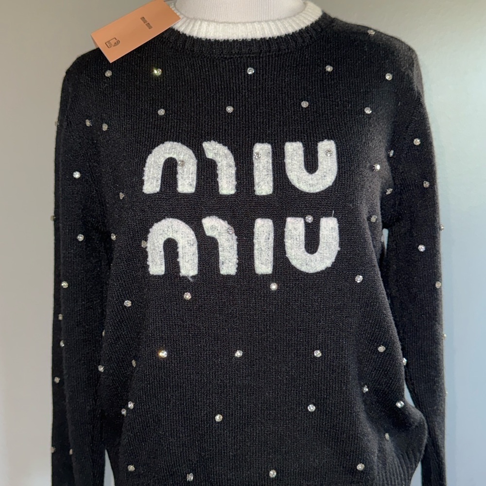 Miu Miu Black Sweater with White Logo and Accents